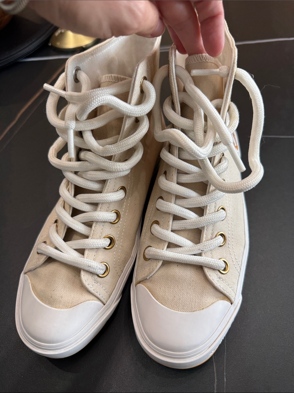 See By Chloé Cream High-Top Canvas Sneakers with Gold Script - Picture 9 of 12